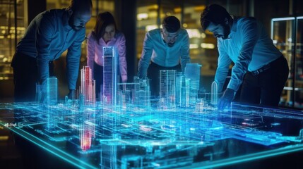 A group of engineers work together on a holographic schematic of a futuristic city