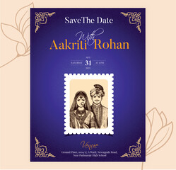 Traditional Royal Wedding Invitation card design with Bride and Groom Welcoming illustration	