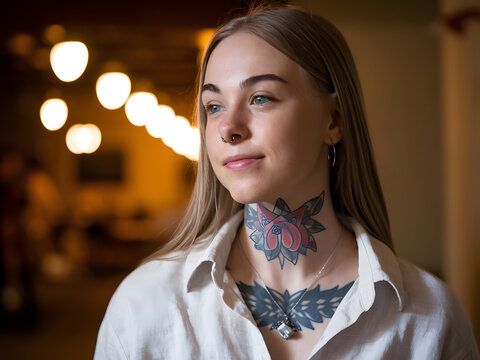 Una joven estudiante rubia con un tatuaje en el cuello de estilo tradicional
