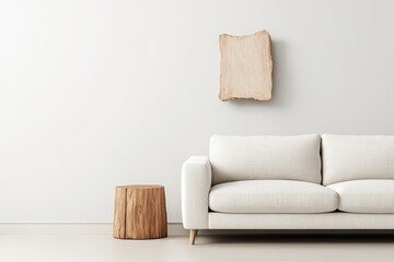 Modern living room with white sofa and wooden decor on light wall.