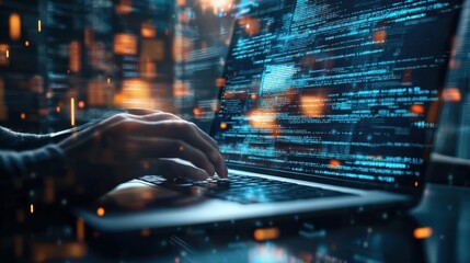 A person programming on a laptop, with code visible on the screen, highlighting logical sequences and systematic order in software development.