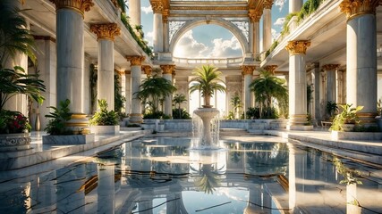 Fototapeta premium luxurious classical architecture, with majestic marble columns. spacious open area with marble flooring, arched doorway, lush green plants and fountain