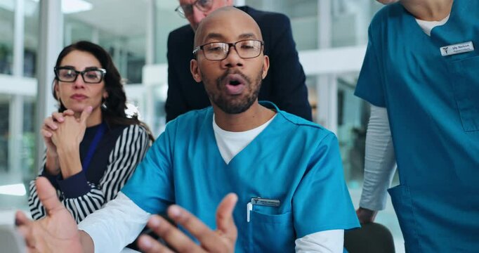 Man, doctors and team with laptop in office with discussion, review and information with monkeypox update. People, group and computer with diversity, strategy and scrum with action plan at hospital
