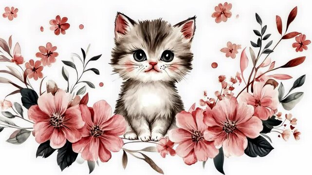 A cute, gray and white kitten sits amidst a wreath of pink flowers