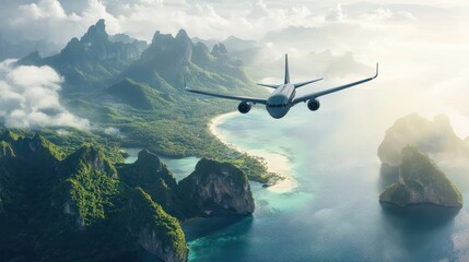 Airplane fly above beautiful nature landscape island, Tourism destination, Background for banner summer holiday vacation travel trip