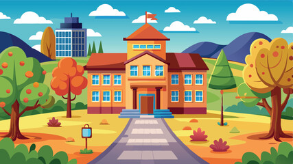 Fototapeta premium A cartoon vector of back to school illustration of an old European house on a hill, featuring classic architecture and a residential street view