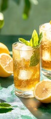 Fototapeta premium Refreshing drink with lemon and mint, perfect for summer days.