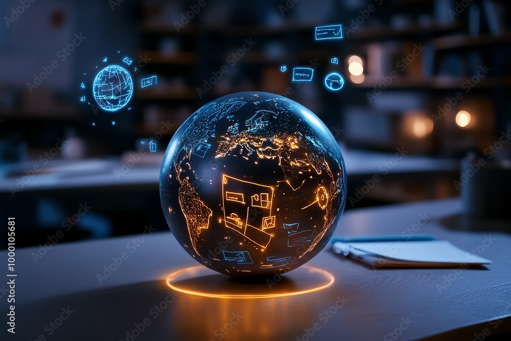 Poster enchanted classroom with a glowing globe and magical diagrams, where teaching materials float in the