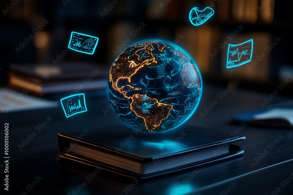Poster enchanted classroom with a glowing globe and magical diagrams, where teaching materials float in the
