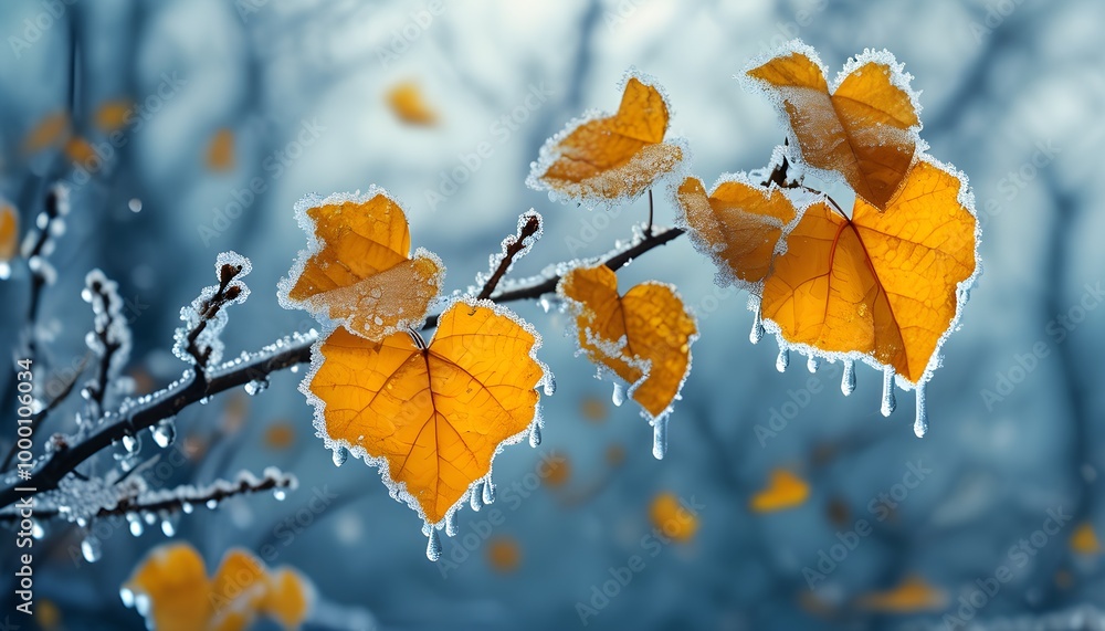 Poster Heart-shaped arrangement of yellow autumn leaves on a frozen branch against a winter backdrop for Valentines Day celebration