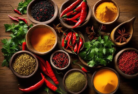 close view vibrant spices fresh ingredients artfully arranged showcase their colorful inviting appearance, herb, chili, curry, cardamom, turmeric