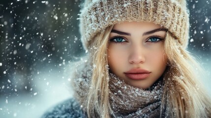 Beautiful woman posing in the snow on a winter day. Copyspace.