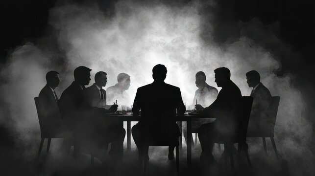 Black and white illustration of a secret meeting, a group of business people sitting at a table in the smoke. Mafia. Silhouettes of office workers.