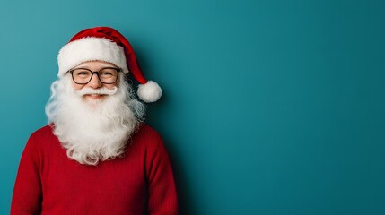 Naklejka premium A smiling Santa Claus in glasses and a red sweater stands against a teal background, embodying holiday cheer and festive spirit.