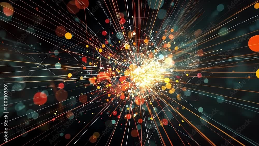 Poster colorful data network connections exploding from a bright center against a dark background, perfect 