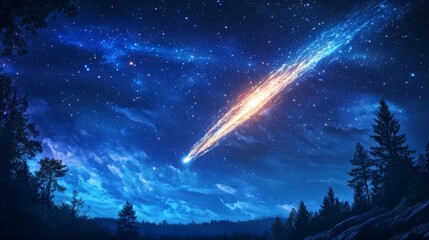 Obraz premium Night Sky with Shooting Star and Silhouettes of Trees.