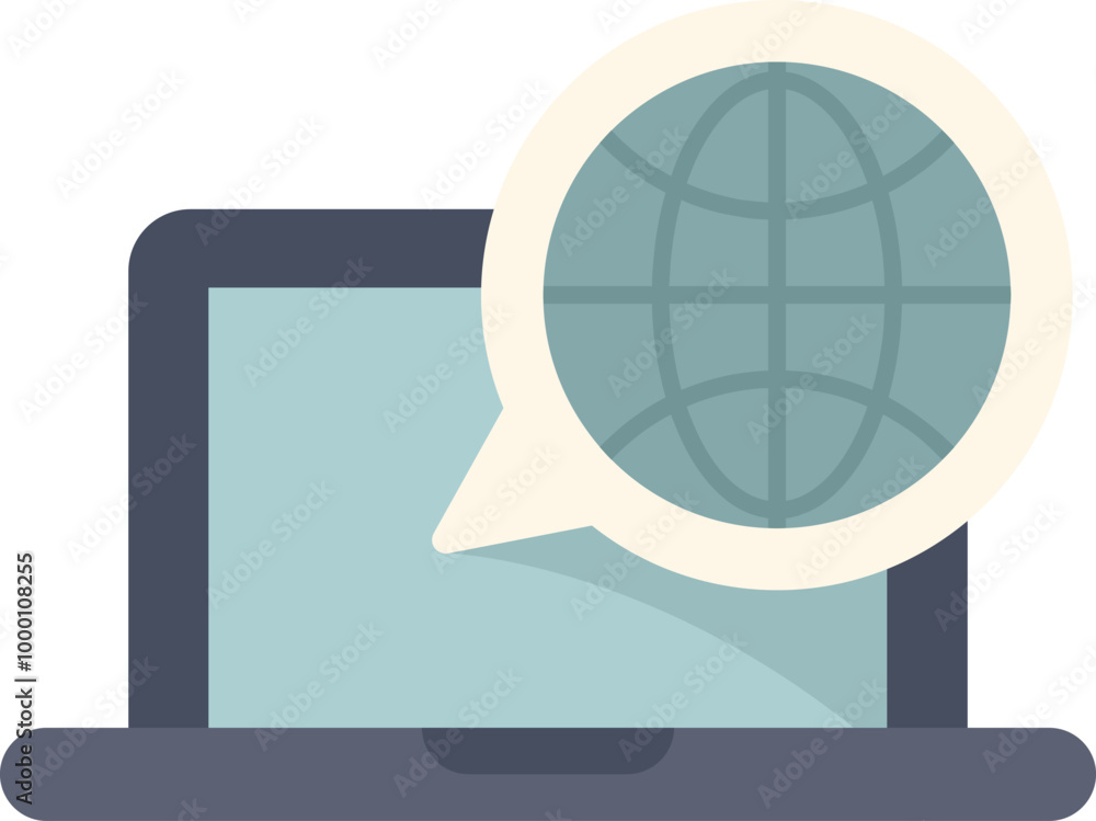 Poster laptop displaying a globe in a speech bubble, representing global communication and connectivity