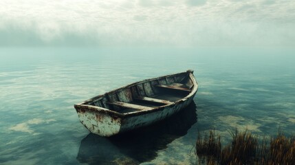 Obraz premium Old Rowboat on a Misty Lake.