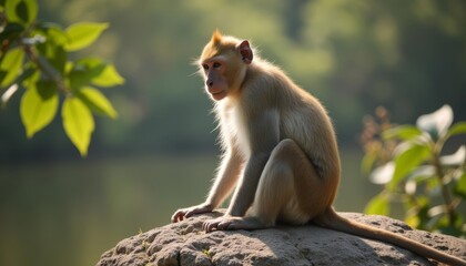 Fototapeta premium Peaceful moment in nature with a monkey on a rock