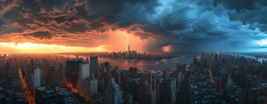 Epic skyline of New York during a dramatic storm, capturing dark clouds rolling over the city, highlighted by lightning strikes illuminating the buildings, showcasing the resilience of the urban