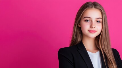 Fototapeta premium beautiful high school girl with long hair, wearing a black blazer and white shirt, against a solid pink background