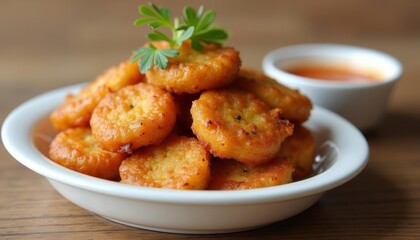 Fototapeta premium Delicious goldenbrown appetizers with dipping sauce