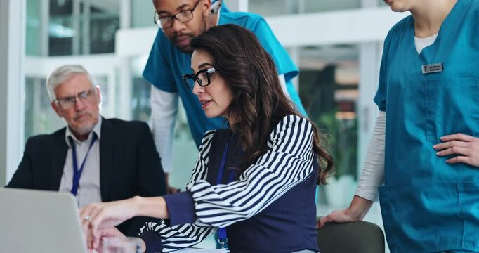 Woman, doctors and teamwork on laptop in office with discussion, advice and info with monkeypox update. People, medic and lawyer with diversity, strategy and compliance for action plan at hospital