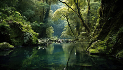 A beautiful river flows gracefully in the middle of a lush green forest