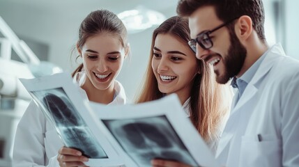 A dental team discussing patient records and reviewing x-rays in a clinical setting