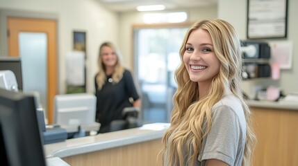 A dental office reception area with a smiling receptionist greeting patients as they enter