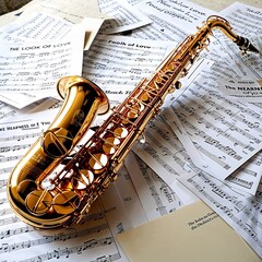 Fototapeta premium musical instrument - A shiny, golden saxophone placed on a scattered set of sheet music, the sheets overlapping each other.