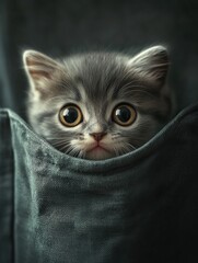 A close-up of an adorable kitten with big, expressive eyes peeking out from a dark pocket. the image playful and curious nature of kittens.