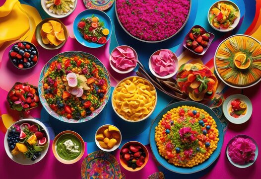 vibrant food spreads bright colorful backgrounds showcasing rainbow delicious dishes culinary enthusiasts, lgbtq, lgbt, pride, love, equality, appetizing