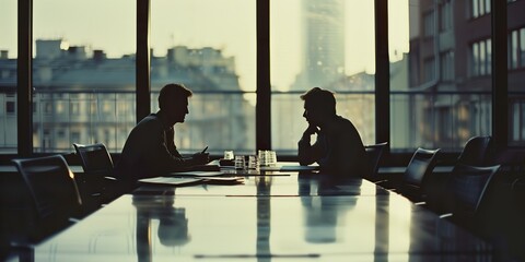 Silhouettes of two professionals in deep discussion at a long conference table in an office with a city view