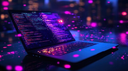 Concepts of software, web development, and programming. Abstract programming language and program code on a laptop screen. Laptop and icons representing a company network. Technology of software