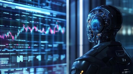 Fototapeta premium AI Robot Looking at Stock Market Data.