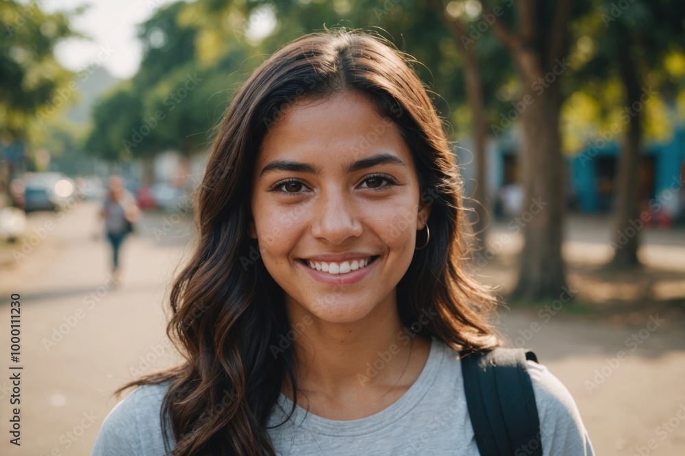 Wall mural close portrait of a smiling young salvadoran woman looking at the camera, salvadoran outdoors blurre