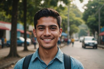 Obraz premium Close portrait of a smiling young Salvadoran man looking at the camera, Salvadoran outdoors blurred background
