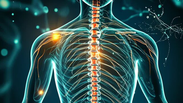 A digital illustration focuses on the human spine and nervous system. The detailed art, set against an abstract dark backdrop, highlights the complexity of the nerves around the spine. The mood is