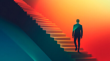Silhouette of a person on stairs symbolizing success and goal achievement against a light background