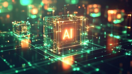 Futuristic AI Core in a Network of Golden and Green Digital Circuits