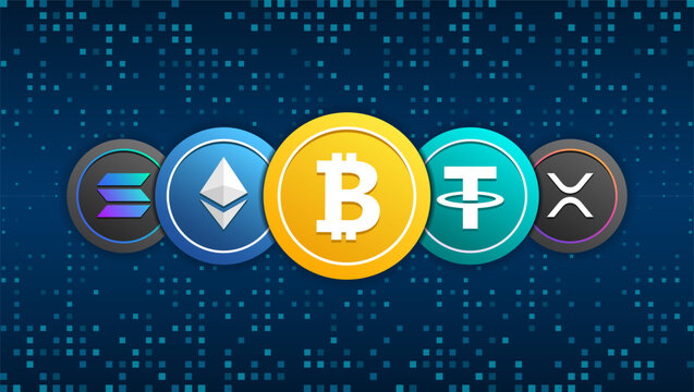 Сryptocurrency themed background vector illustration. Logos of cryptocurrencies Bitcoin (BTC), Ethereum (ETH), Tether (USDT), XRP, Solana (SOL)