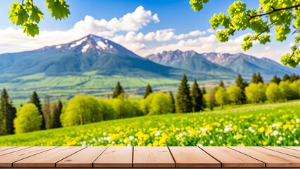 Fototapeta premium Wooden table with blur mountain landscape background