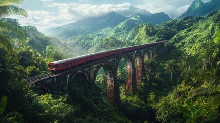 A train crosses an old, weathered bridge surrounded by lush green forests and towering mountains in the distance