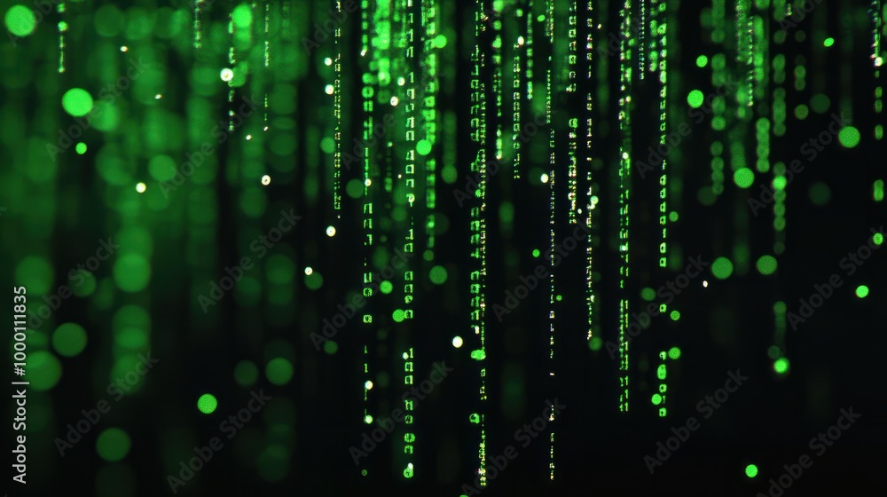Poster crisp green binary code falling down on a black background generative ai