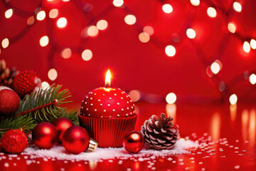 A festive display of red ornaments, a glowing candle, and a snowy backdrop, perfect for celebrating the holiday season. Generative AI