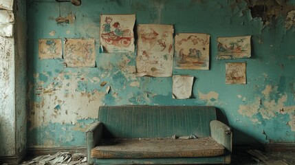 Abandoned Room with Couch and Childrens Drawings.