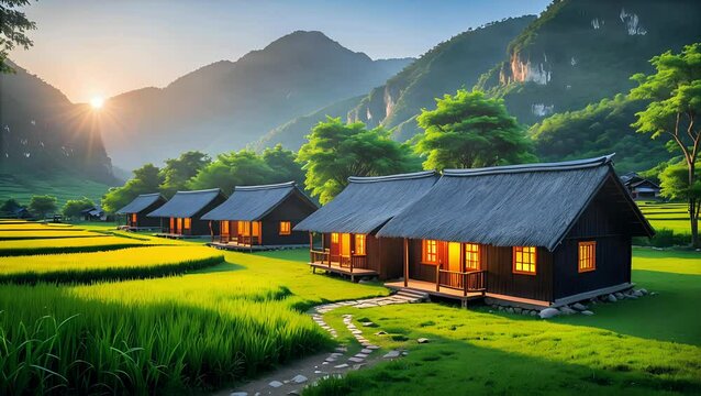Row of traditional cottages with warm lights in lush valley during sunrise with mountain view