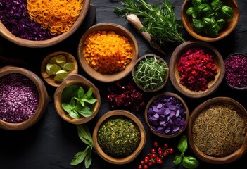 vividly styled food ingredients arranged textured surfaces showcasing details appealing culinary presentation, color, background, vegetable, fruit, herb