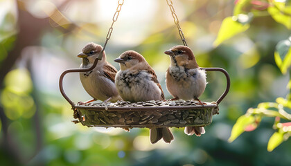 Group of little birds perching on a bird feeder with sunflower seeds